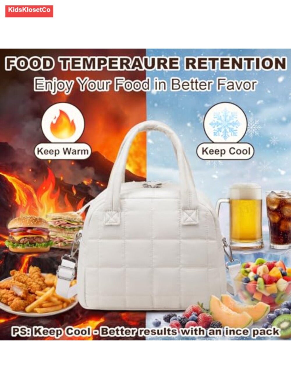 Quilted Insulated Lunch Bag Water-Resistant Puffy Tote Adjustable Strap - Picture 3 of 6